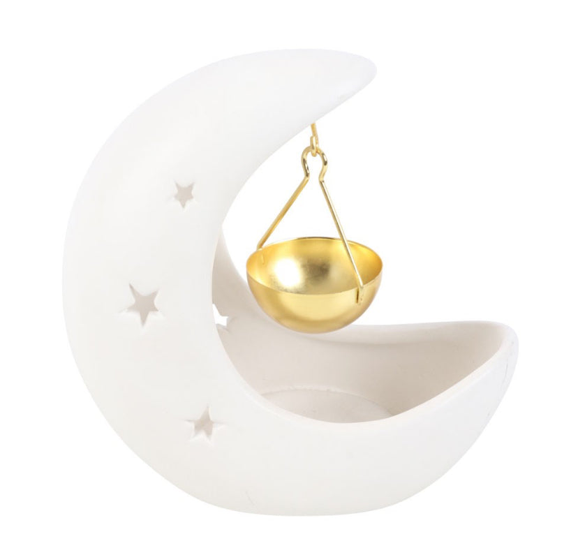 White Crescent Moon Hanging Oil Burner with Gold Dish