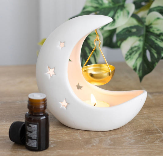 White Crescent Moon Hanging Oil Burner with Gold Dish