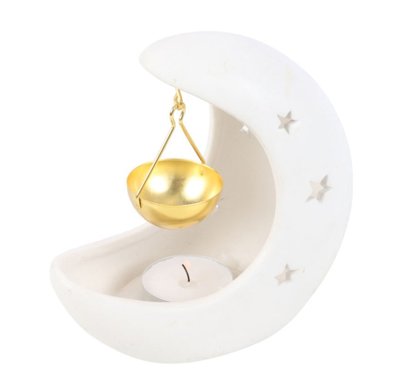 White Crescent Moon Hanging Oil Burner with Gold Dish